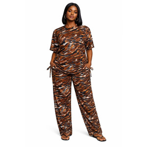 Womens Tiger Print Two Piece Tunic and Trouser Set with Side Tie Details